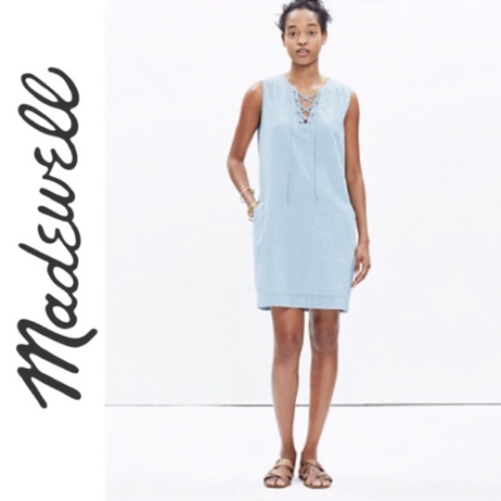 Madewell light blue lace up front sleeveless dress